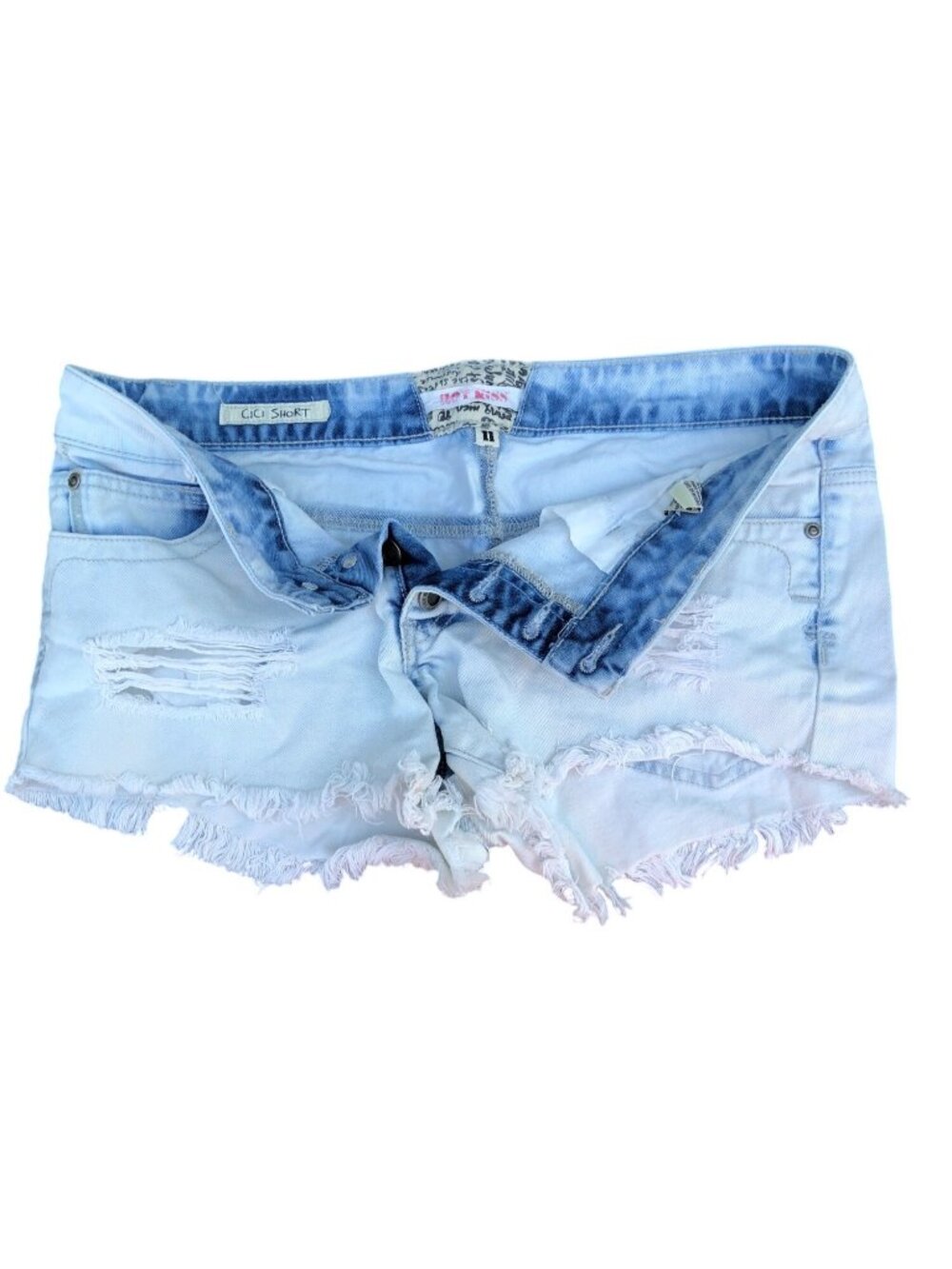 Hot Kiss Jean Shorts Low Rise Y2K Womens 11 Distressed Light Wash Denim Frayed H